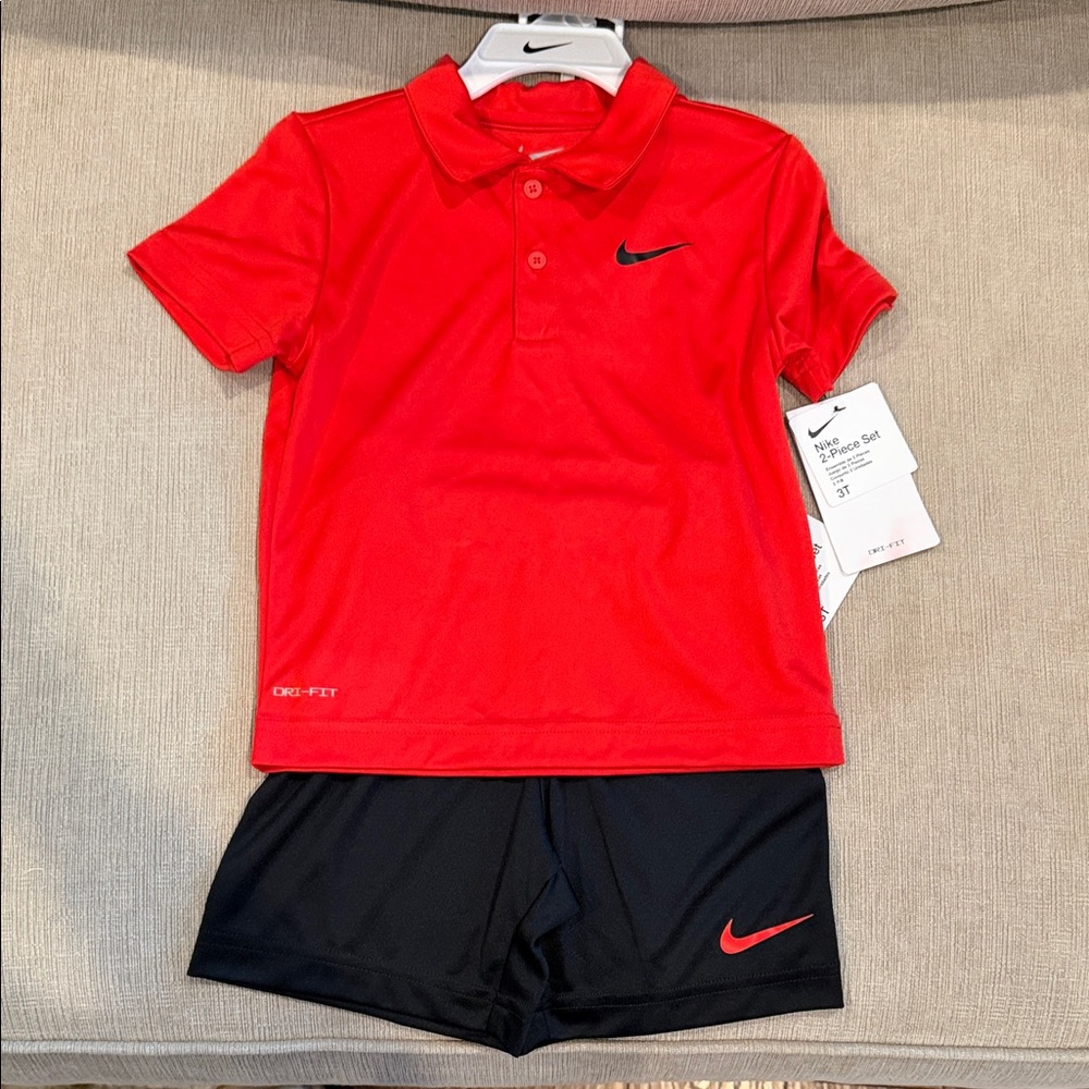 3T Nike Kids Red Polo Shirt with Black Shorts Set Dri-Fit